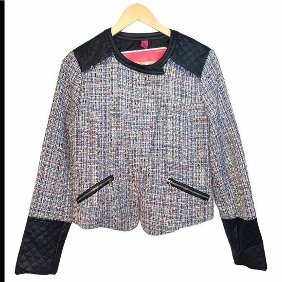 Collection By Bernardo Multi Color Tweed Faux Leather Career Blazer size Medium - Picture 1 of 8